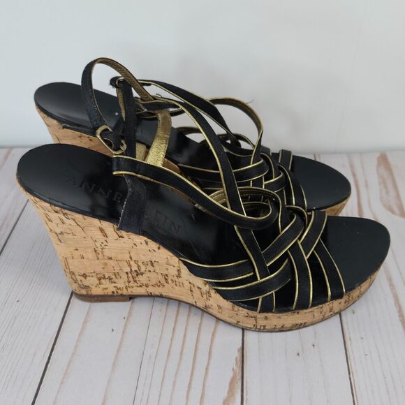 Anne Klein Wedge Sandals Gold & Black Straps Size 8.5 Pre-Owned Great Condition - Picture 3 of 11
